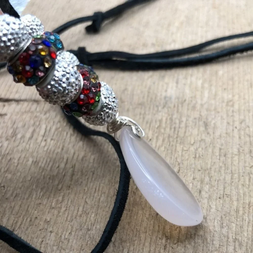 Chalcedony stone wire wrapped with .925 Silver and beaded Leather Necklace.